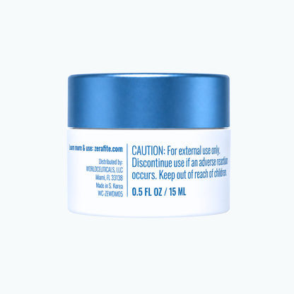Back label of the 0.5 oz travel size Zerafite Wrinkle Defense Barrier Cream, listing caution text.