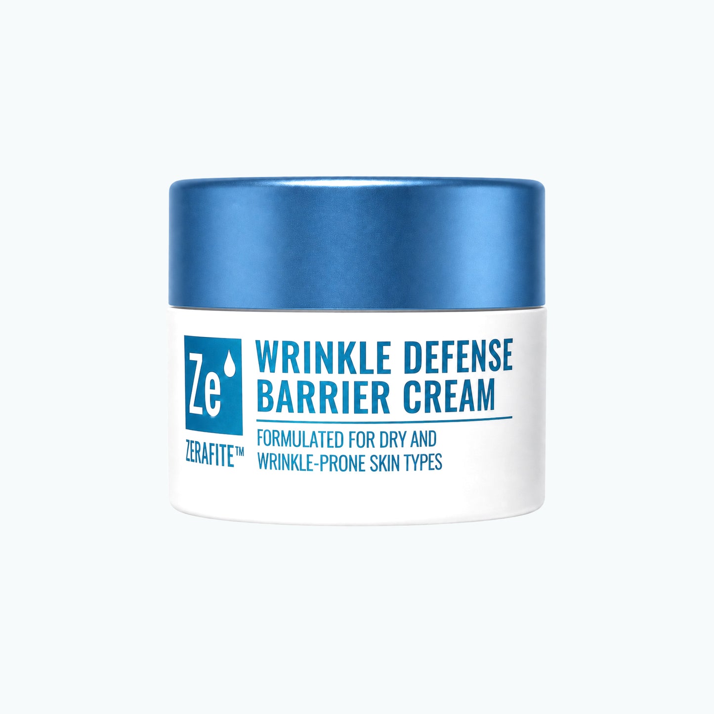 Zerafite Wrinkle Defense Barrier Cream in the 0.5 oz travel size jar, same white body and deep blue lid.