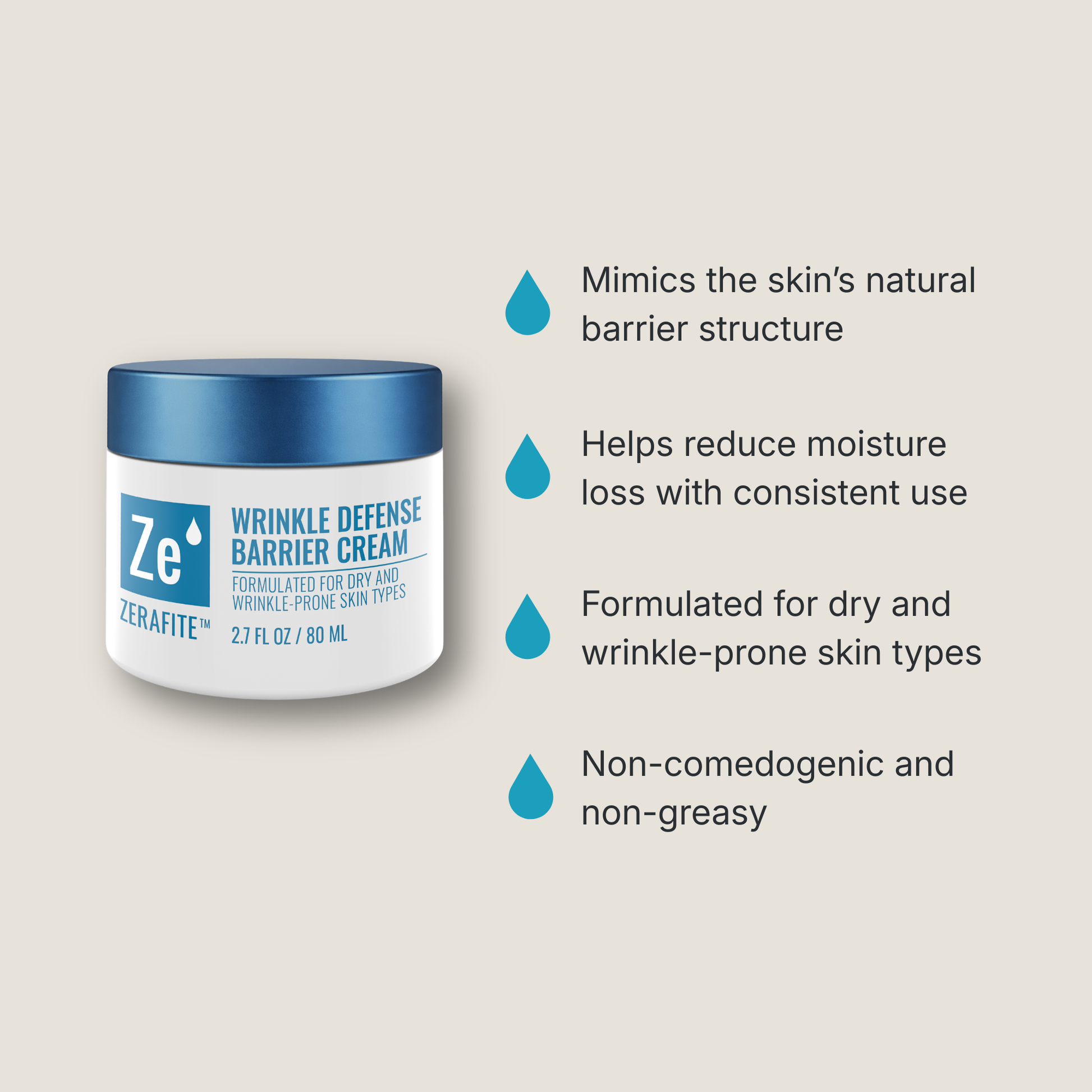 Zerafite Wrinkle Defense Barrier Cream benefits: mimics the skin's natural barrier structure; helps reduce moisture loss with consistent use; formulated for dry and wrinkle-prone skin types; non-comedogenic and non-greasy.