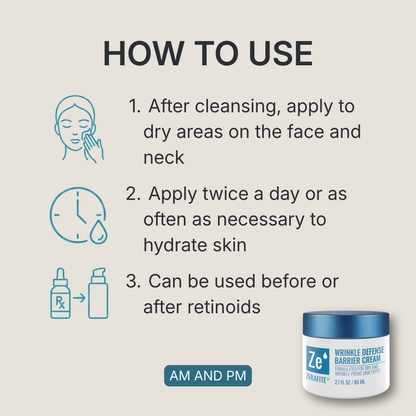 How to use Zerafite Wrinkle Defense Barrier Cream, morning and night: one, after cleansing apply to dry areas on the face and neck; two, apply twice a day or as often as necessary to hydrate skin; three, can be used before or after retinoids.