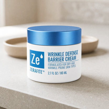 A jar of Zerafite Wrinkle Defense Barrier Cream on a stone bathroom counter beside a shallow dish.